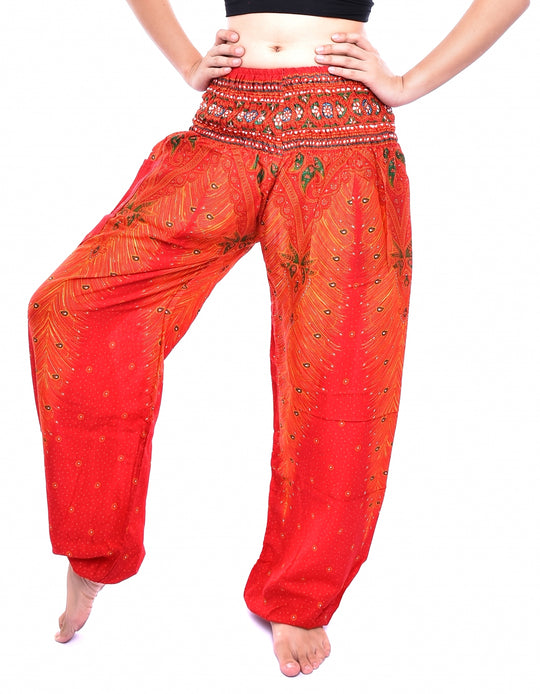 Bohotusk Orange Peacock Print Elasticated Smocked Waist Womens Harem Pants S/M Only