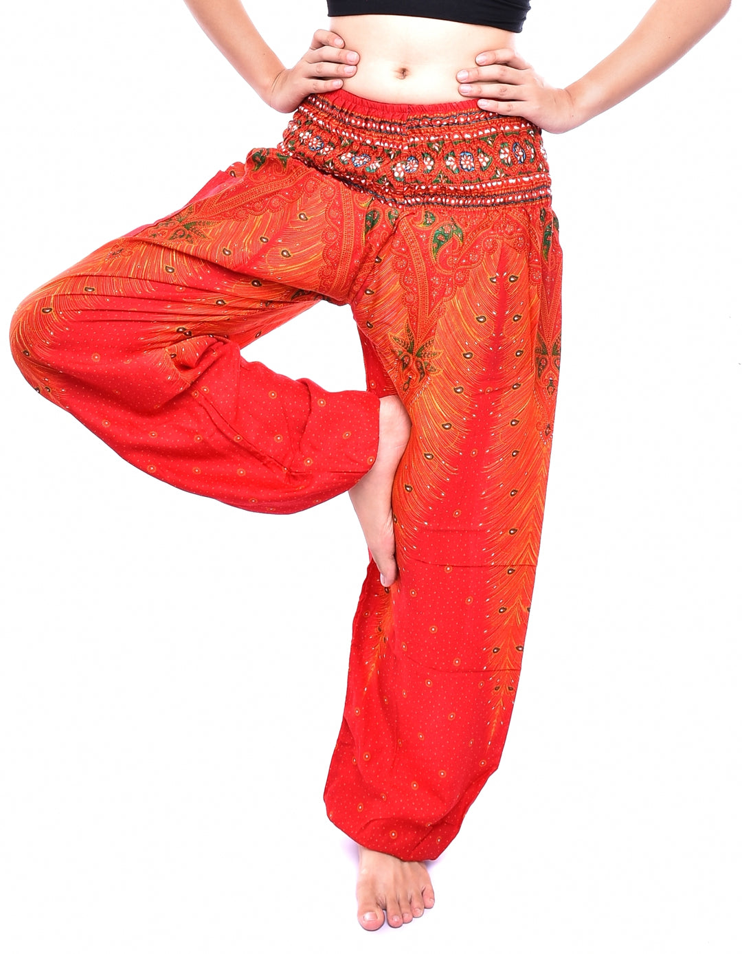 Bohotusk Orange Peacock Print Elasticated Smocked Waist Womens Harem Pants S/M Only