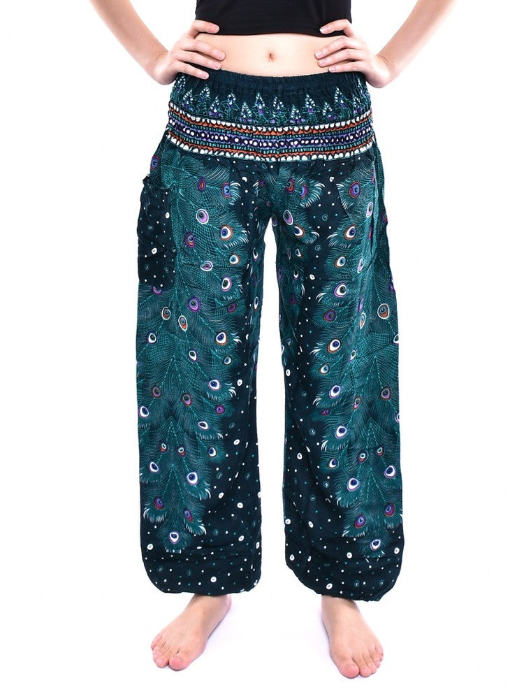 Bohotusk Teal Green Peacock Print Elasticated Smocked Waist Womens Harem Pants S/M