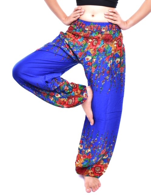 Bohotusk Royal Blue Floral Print Elasticated Smocked Waist Womens Harem Pants S/M Only