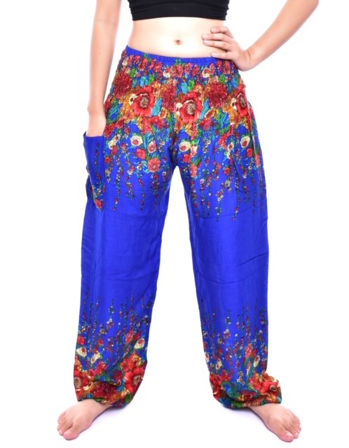 Bohotusk Royal Blue Floral Print Elasticated Smocked Waist Womens Harem Pants S/M Only