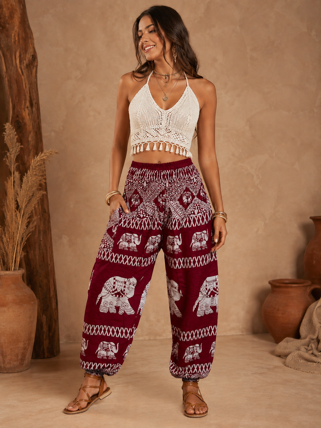 Bohotusk Red Elephant Bull Print Elasticated Smocked Waist Womens Harem Pants S/M to 3XL