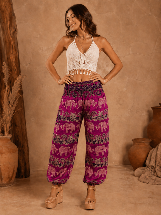 Bohotusk Pink Elephant Grassland Print Elasticated Smocked Waist Womens Harem Pants