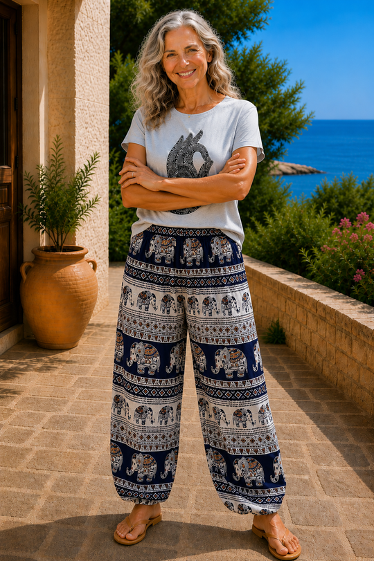 Bohotusk Navy Blue Elephant Savannah Print Elasticated Smocked Waist Womens Harem Pants S/M to LXL