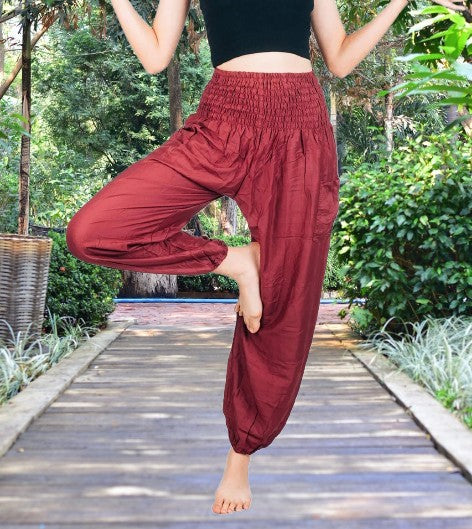 Bohotusk Dark Red Plain Elasticated Smocked Waist Womens Harem Pants S/M to L/XL