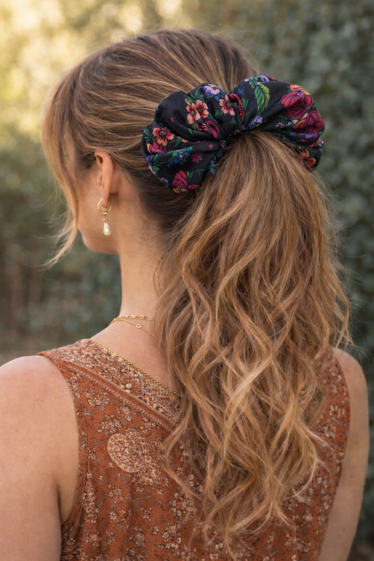 Black Floral Print Hair Scrunchie Ties