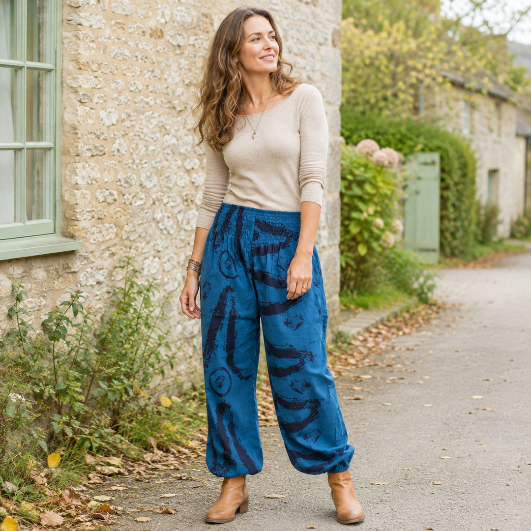 Bohotusk Womens Autumn Blue Swirl Cotton Harem Pants S/M to 3XL