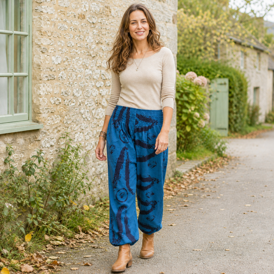 Bohotusk Womens Autumn Blue Swirl Cotton Harem Pants S/M to 3XL