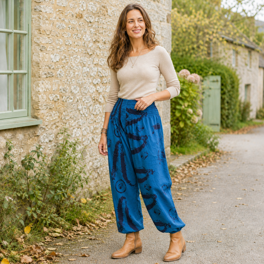 Bohotusk Womens Autumn Blue Swirl Cotton Harem Pants S/M to 3XL
