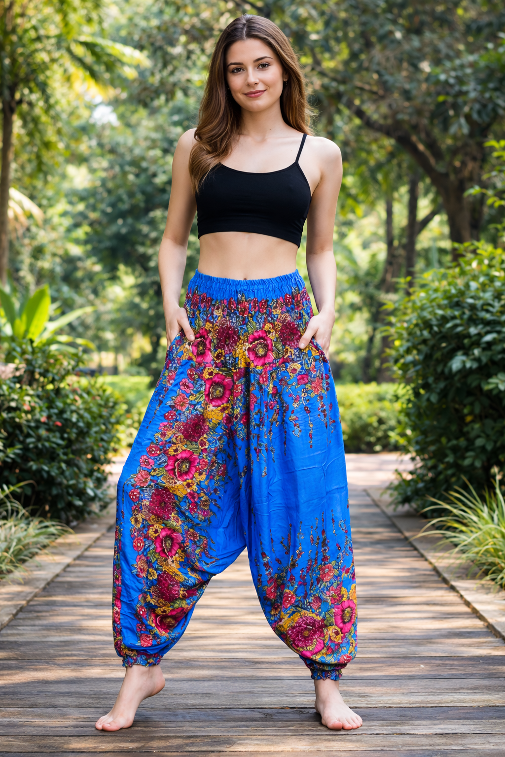 Bohotusk Light Blue Floral Low Crotch Harem Pants Womens Elasticated Smocked Waist S/M Only