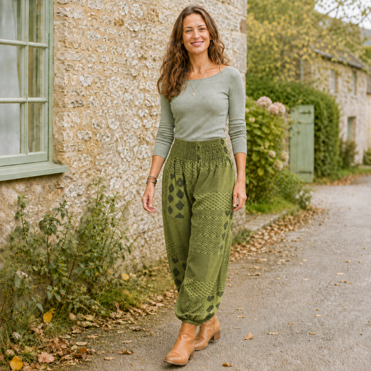 Bohotusk Womens Autumn Green Lunar Cotton Harem Pants S/M to 3XL