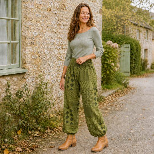 Bohotusk Womens Autumn Green Lunar Cotton Harem Pants S/M to 3XL