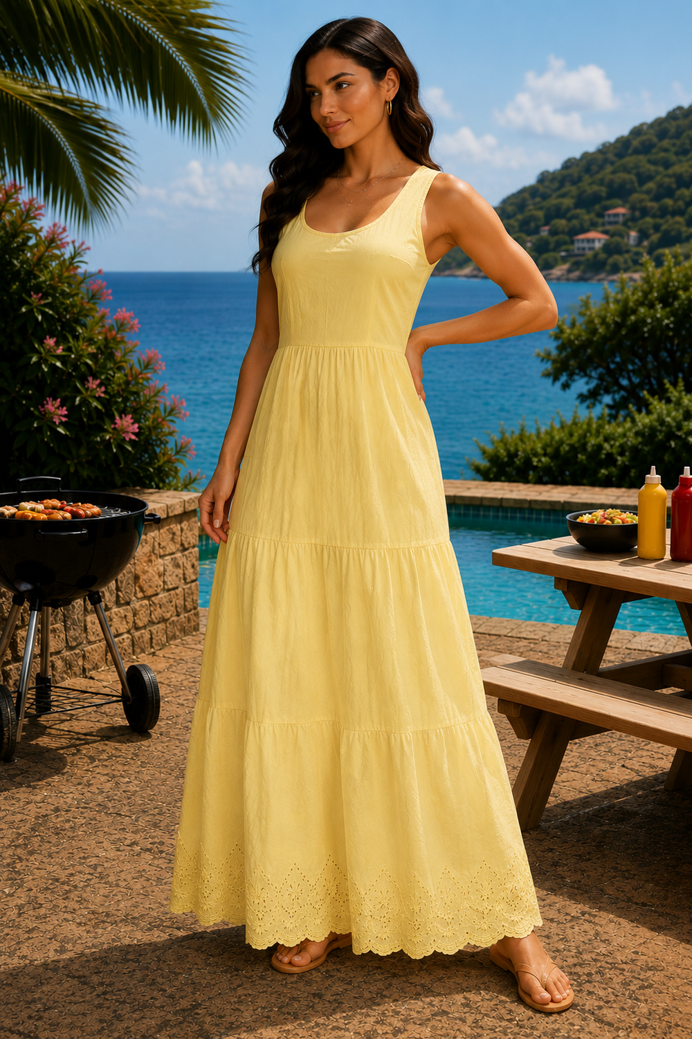 Bohotusk Yellow Broderie Hem Maxi Dress