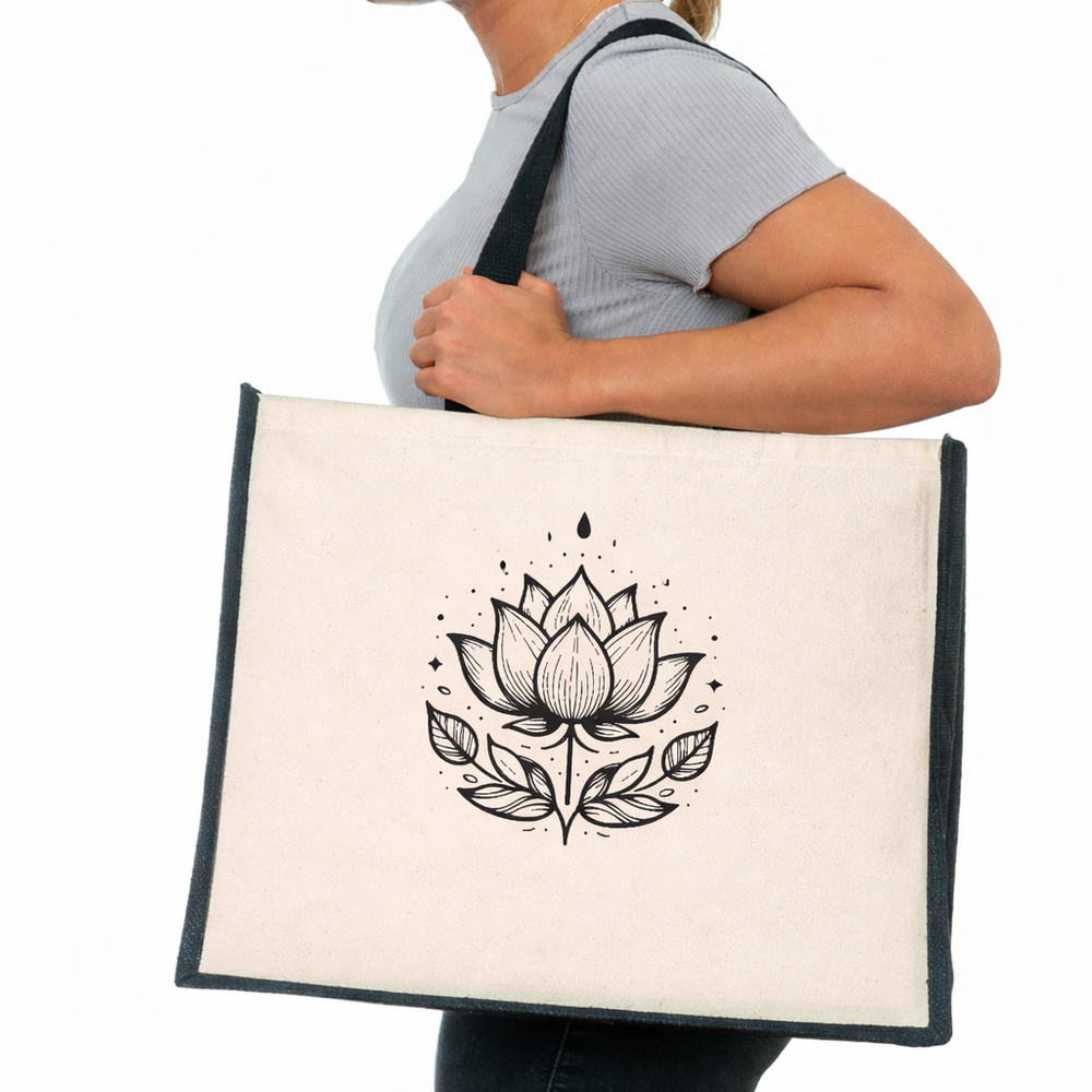 Lotus Flower Jute Canvas Tote Bag