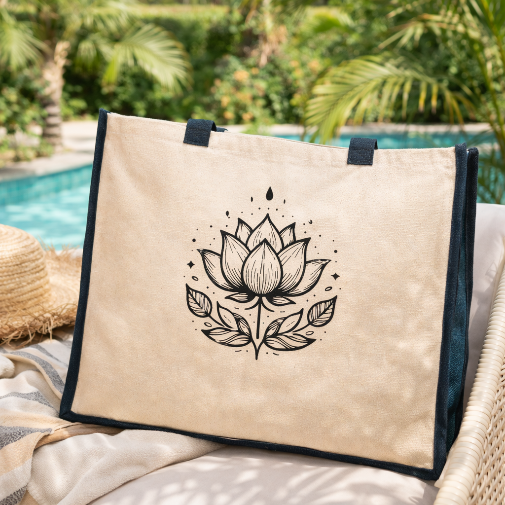 Lotus Flower Jute Canvas Tote Bag