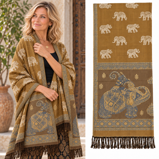 Bohotusk Brown Elephant Sparkly Gold Detail Print 26 Cashmere Pashmina 200 x 75cm