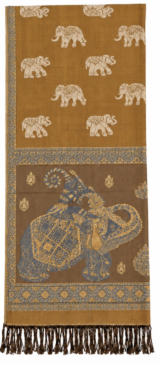 Bohotusk Brown Elephant Sparkly Gold Detail Print 26 Cashmere Pashmina 200 x 75cm