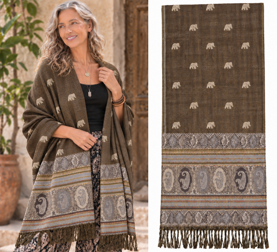 Bohotusk Brown Marl Elephant Print 26 Cashmere Pashmina 200 x 75cm
