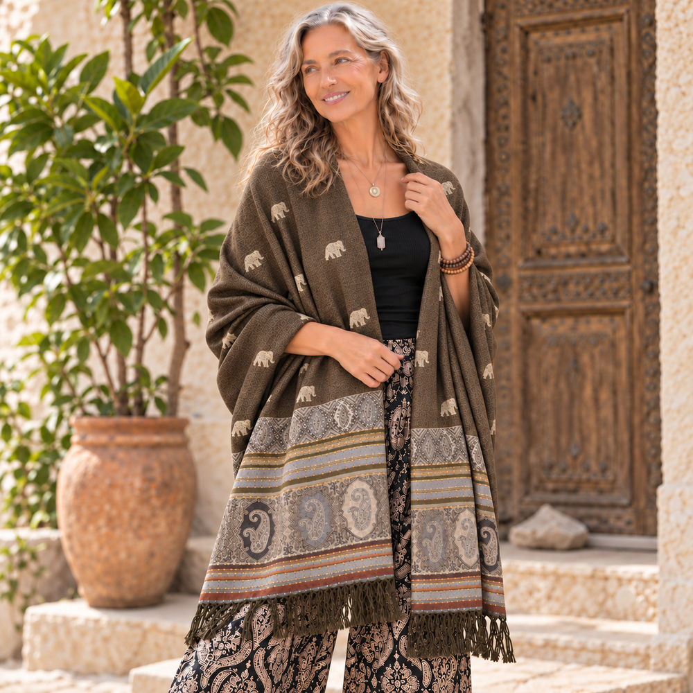 Bohotusk Brown Marl Elephant Print 26 Cashmere Pashmina 200 x 75cm