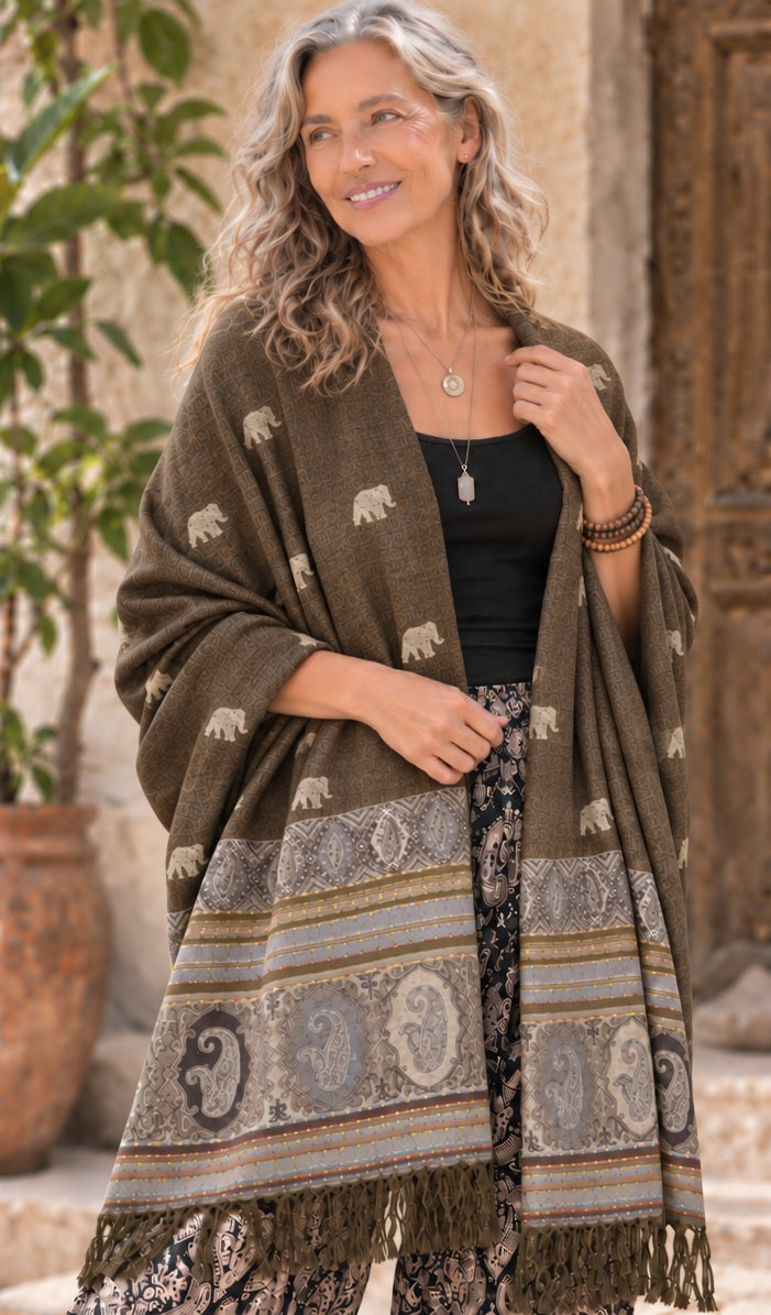 Bohotusk Brown Marl Elephant Print 26 Cashmere Pashmina 200 x 75cm