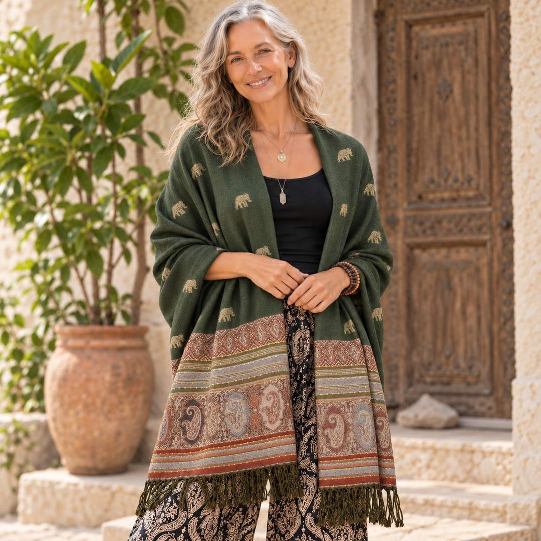 Bohotusk Green Elephant Print 26 Cashmere Pashmina 200 x 75cm