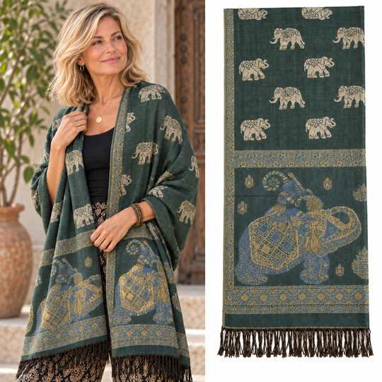 Bohotusk Green Elephant Sparkly Gold Detail Print 26 Cashmere Pashmina 200 x 75cm