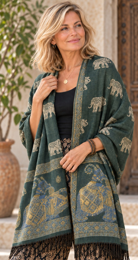 Bohotusk Green Elephant Sparkly Gold Detail Print 26 Cashmere Pashmina 200 x 75cm