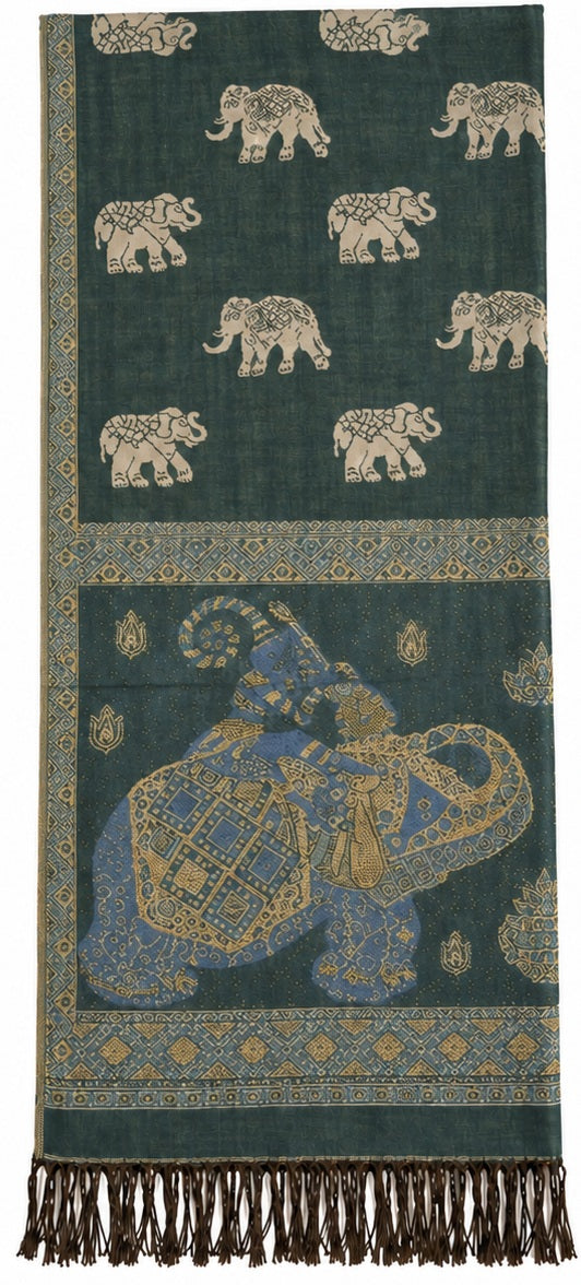 Bohotusk Green Elephant Sparkly Gold Detail Print 26 Cashmere Pashmina 200 x 75cm