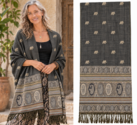 Bohotusk Grey Marl Elephant Print 26 Cashmere Pashmina 200 x 75cm
