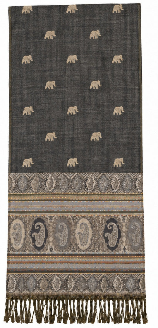 Bohotusk Grey Marl Elephant Print 26 Cashmere Pashmina 200 x 75cm