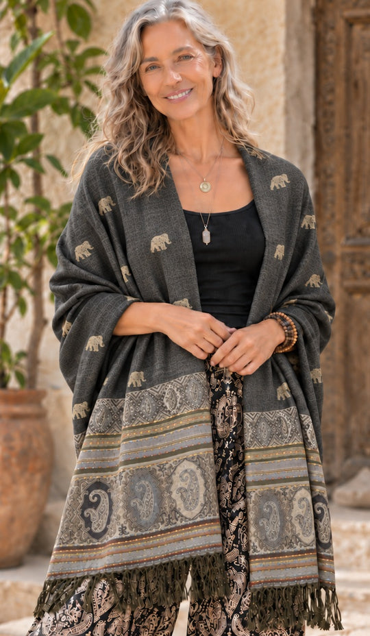 Bohotusk Grey Marl Elephant Print 26 Cashmere Pashmina 200 x 75cm