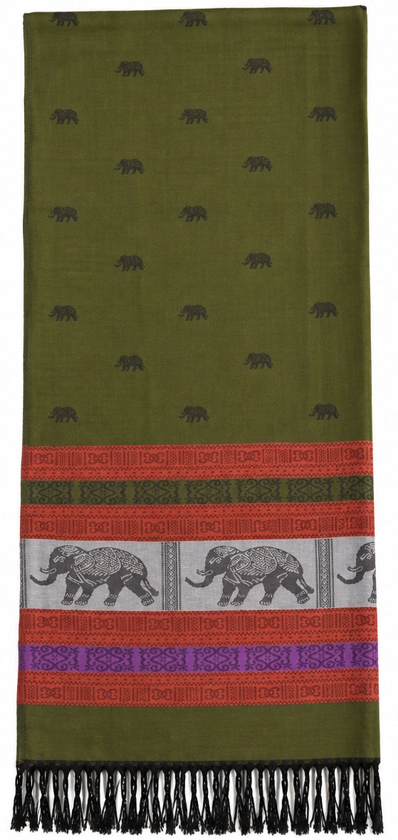 Bohotusk Olive Green Red Mustard Elephant Stripe 26 Cashmere Pashmina 200 x 75cm