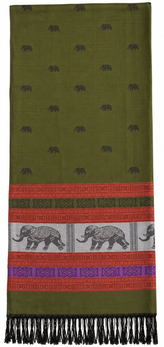 Bohotusk Olive Green Red Mustard Elephant Stripe 26 Cashmere Pashmina 200 x 75cm