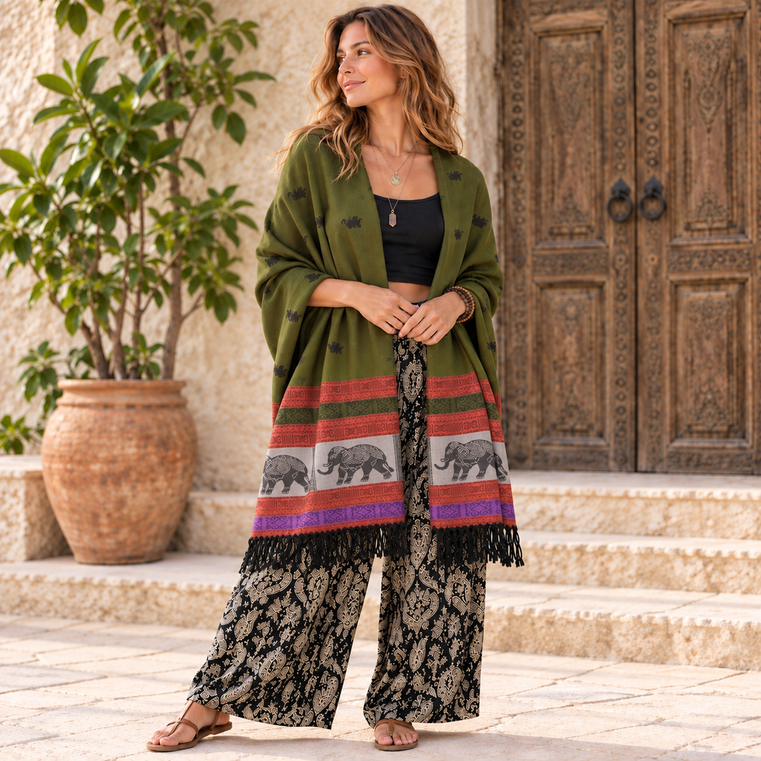 Bohotusk Olive Green Red Mustard Elephant Stripe 26 Cashmere Pashmina 200 x 75cm