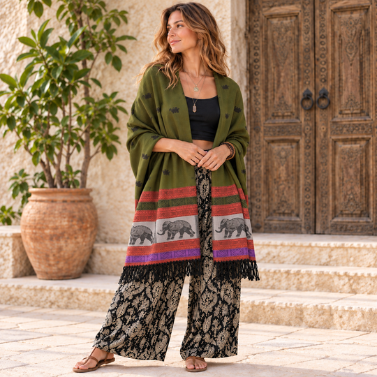 Bohotusk Olive Green Red Mustard Elephant Stripe 26 Cashmere Pashmina 200 x 75cm
