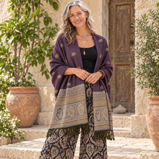 Bohotusk Purple Sand Elephant Print 26 Cashmere Pashmina 200 x 75cm
