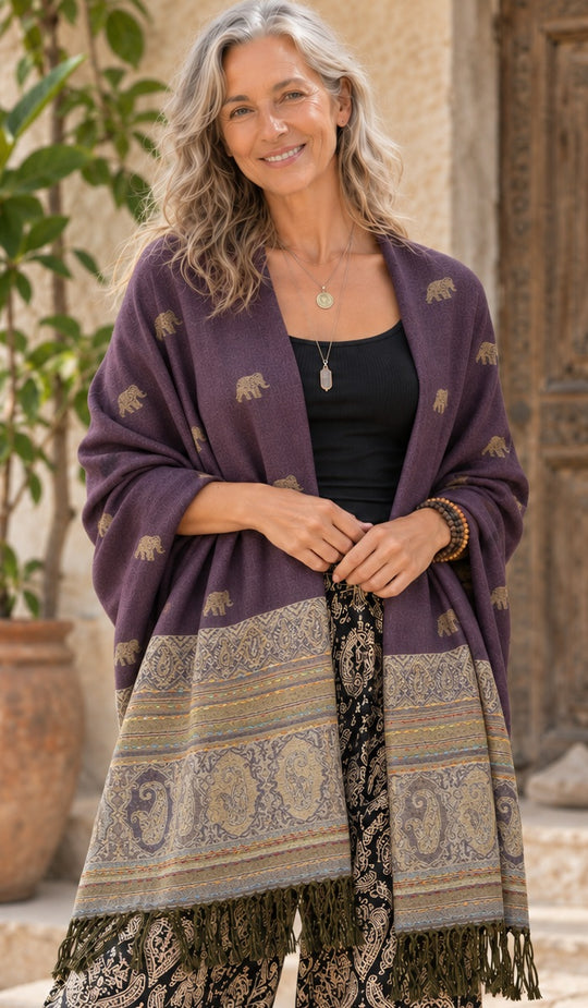 Bohotusk Purple Sand Elephant Print 26 Cashmere Pashmina 200 x 75cm