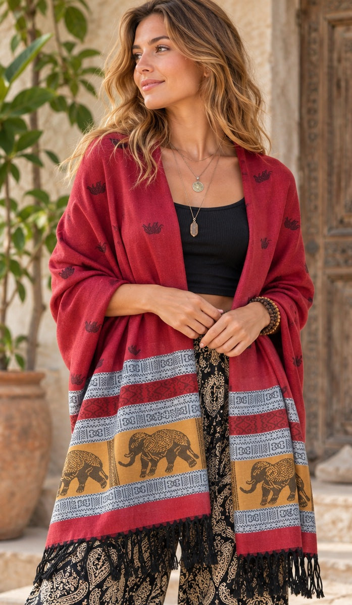 Bohotusk Red Grey Mustard Elephant Stripe 26 Cashmere Pashmina 200 x 75cm