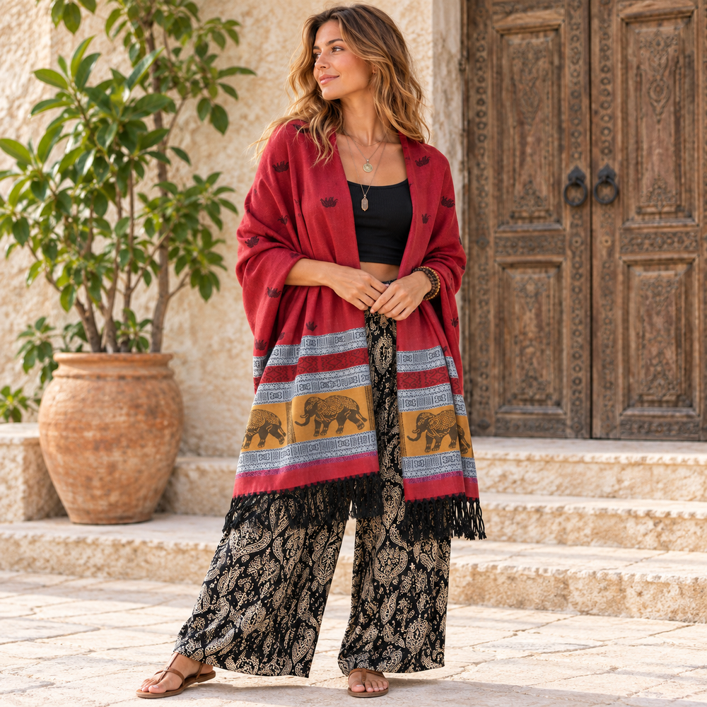 Bohotusk Red Grey Mustard Elephant Stripe 26 Cashmere Pashmina 200 x 75cm
