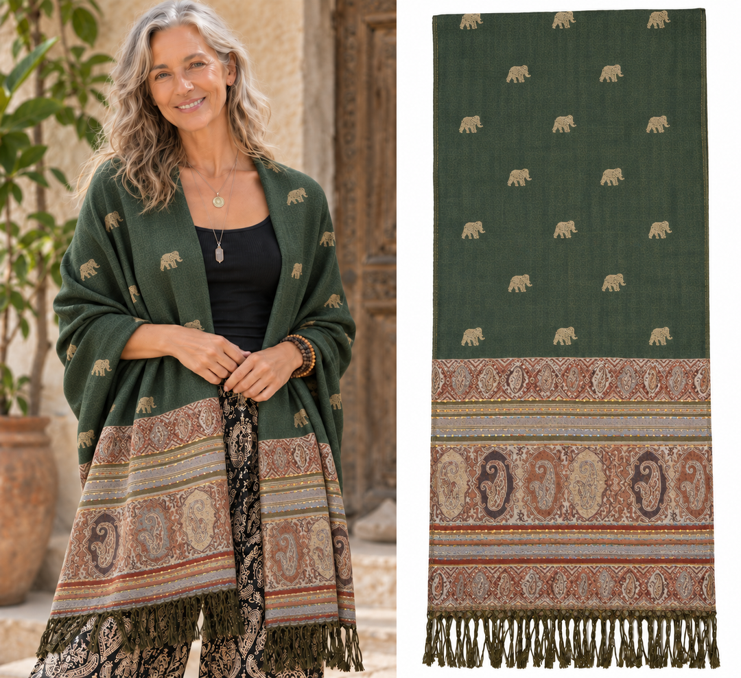 Bohotusk Green Elephant Print 26 Cashmere Pashmina 200 x 75cm