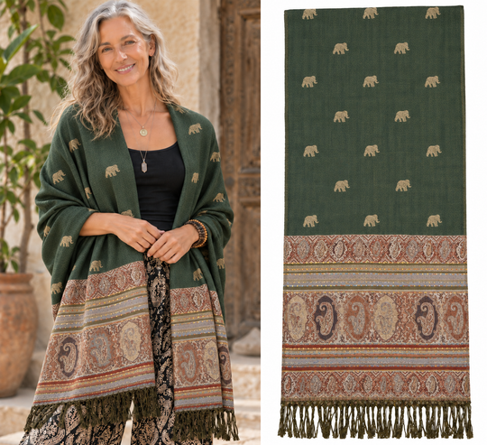 Bohotusk Green Elephant Print 26 Cashmere Pashmina 200 x 75cm