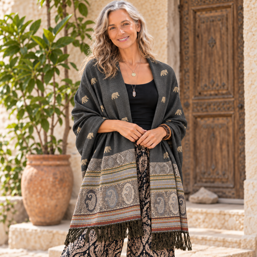 Bohotusk Grey Marl Elephant Print 26 Cashmere Pashmina 200 x 75cm