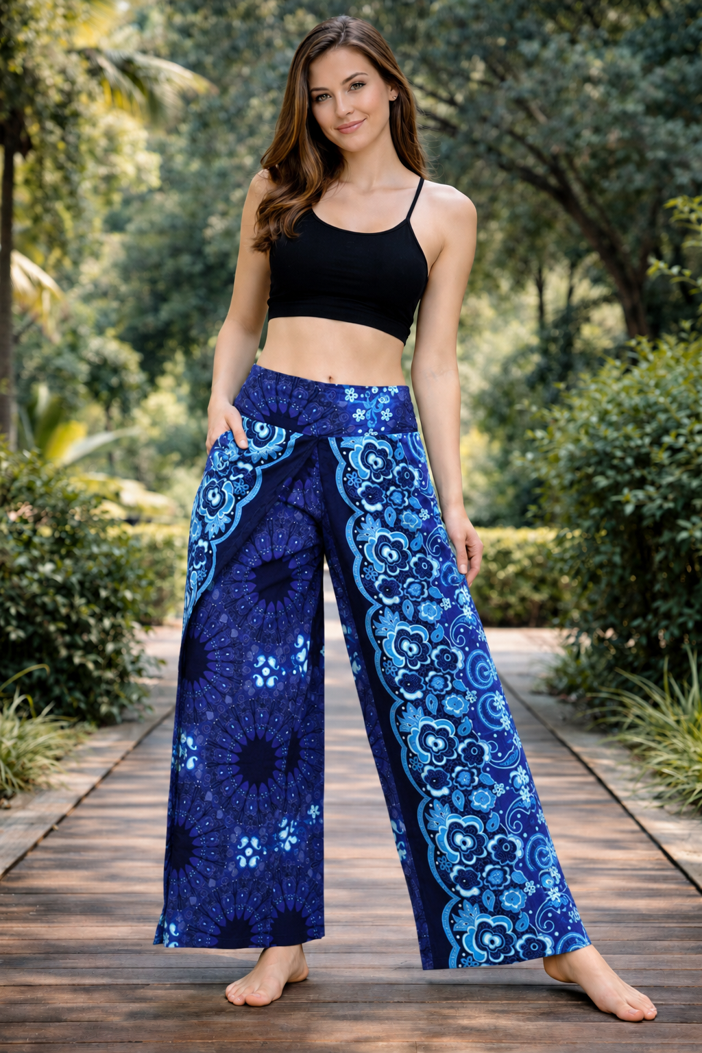 Bohotusk Blue Ink Splash Print Womens Palazzo Pants Small - Medium (UK 8 - 10)