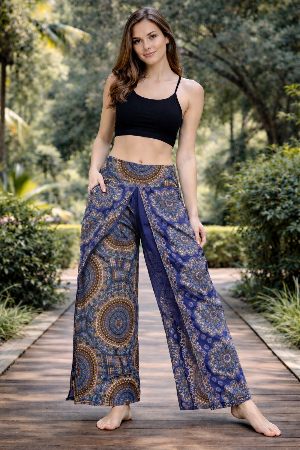 Bohotusk Blue Grey Sun Circles Womens Palazzo Pants Small (UK 8 - 10)