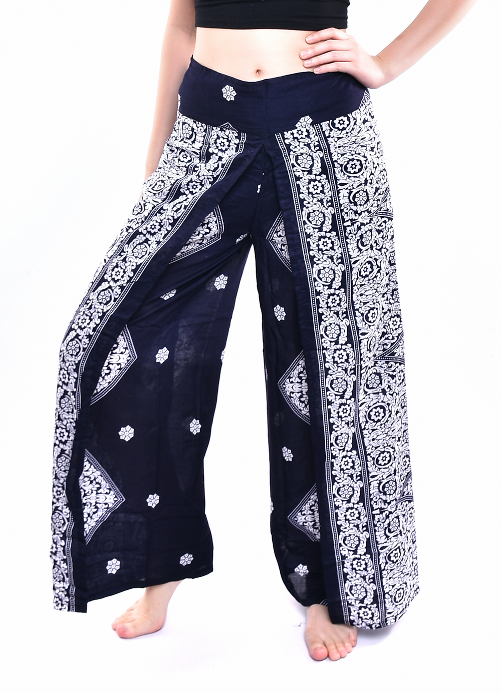 Bohotusk Blue White Flowers Print Womens Palazzo Pants Medium (UK 10 - 12)
