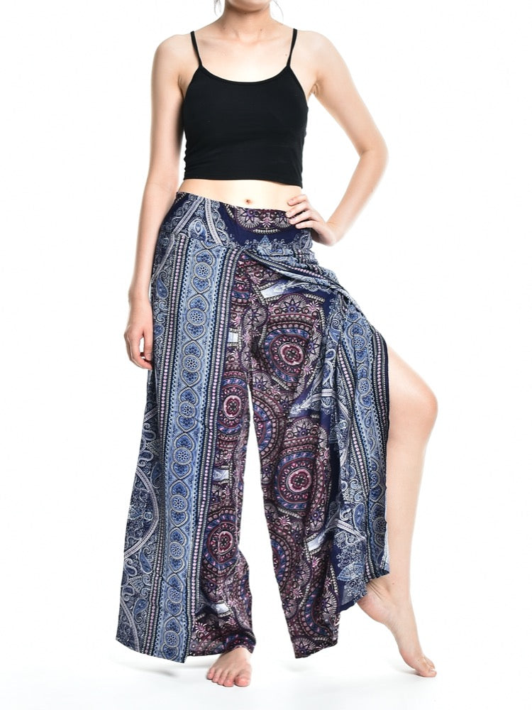 Bohotusk Grey Blue Sun Glow Print Womens Palazzo Pants S/M (UK 8 - 10)