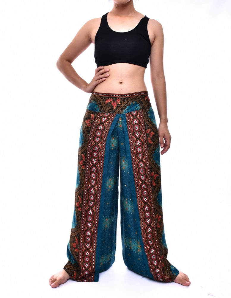 Bohotusk Teal Peacock Print Womens Palazzo Pants S/M (UK 8 - 10)