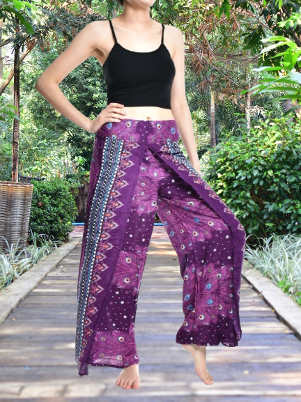 Bohotusk Purple Peacock Womens Palazzo Trousers S/M (UK 8 - 12)