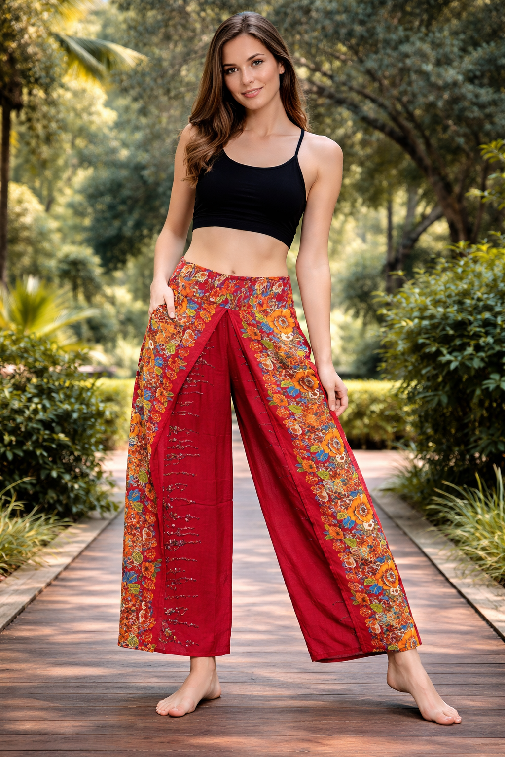 Bohotusk Red Floral Print Womens Palazzo Pants Small (UK 8 - 10)