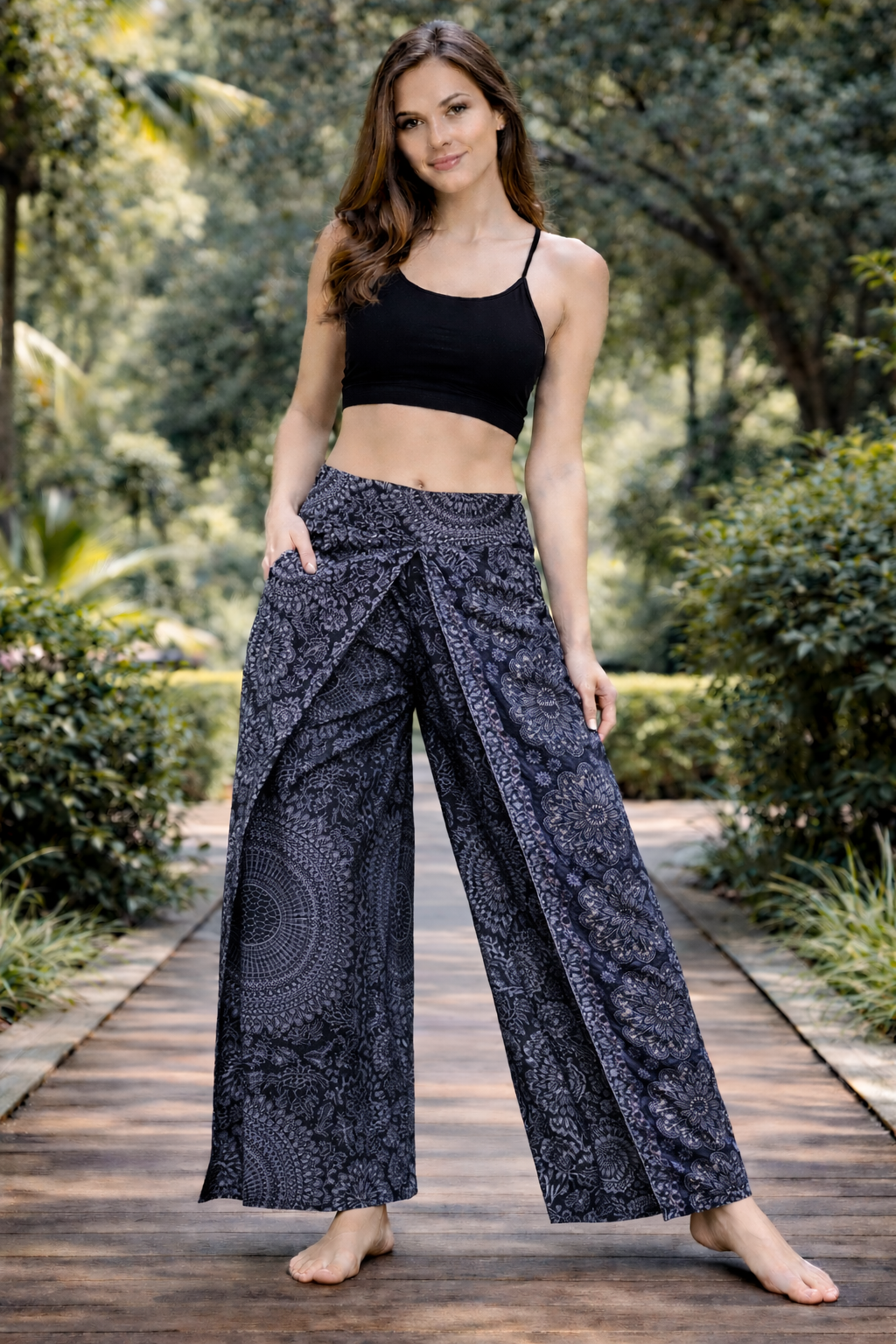 Bohotusk Black Night Glow Print Womens Palazzo Pants Small Medium (UK 8 - 12)